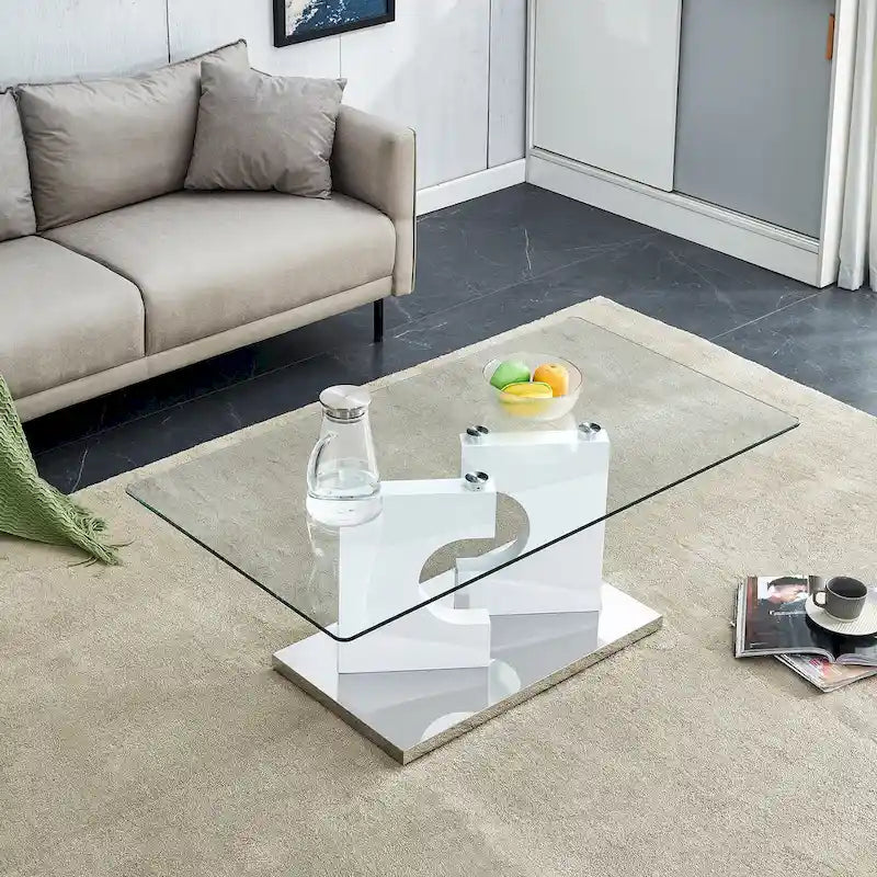 47.2 Modern Rectangular Coffee Table with Tempered Glass Tabletop and MDF Legs