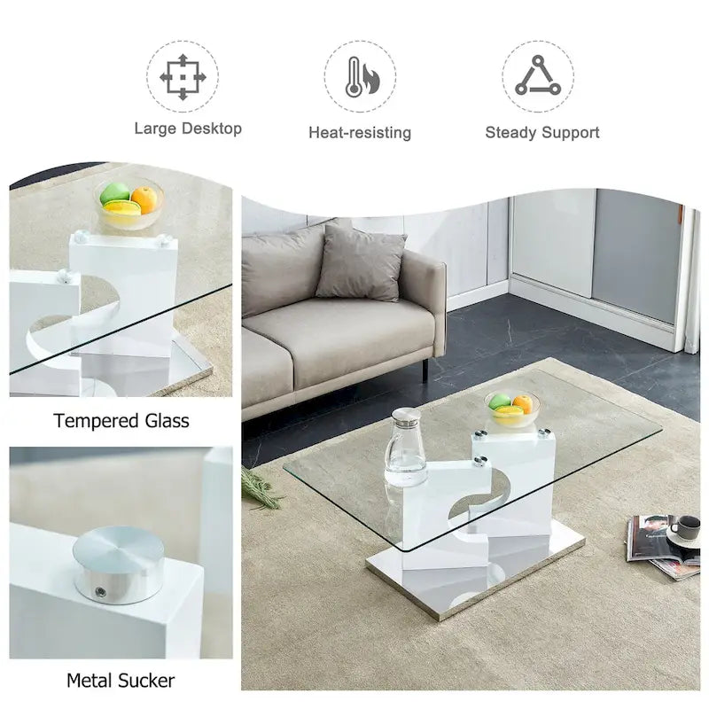 47.2 Modern Rectangular Coffee Table with Tempered Glass Tabletop and MDF Legs