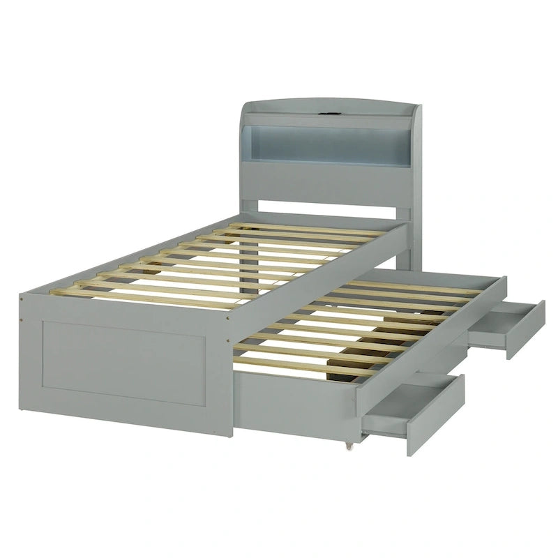 Gray Twin XL Platform Bed with LED Headboard & Drawers
