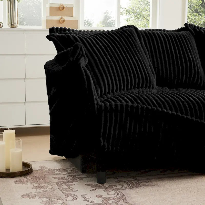 Corduroy 2-Seater Sectional Sofa with Convertible Ottoman & Pillows
