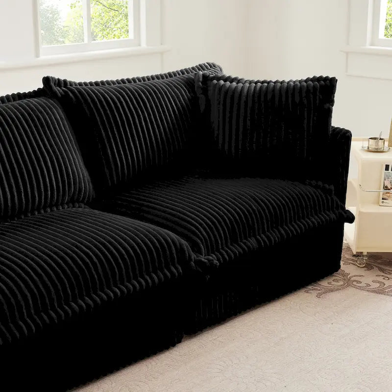 Corduroy 2-Seater Sectional Sofa with Convertible Ottoman & Pillows