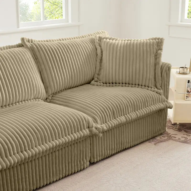 Corduroy 2-Seater Sectional Sofa with Convertible Ottoman & Pillows