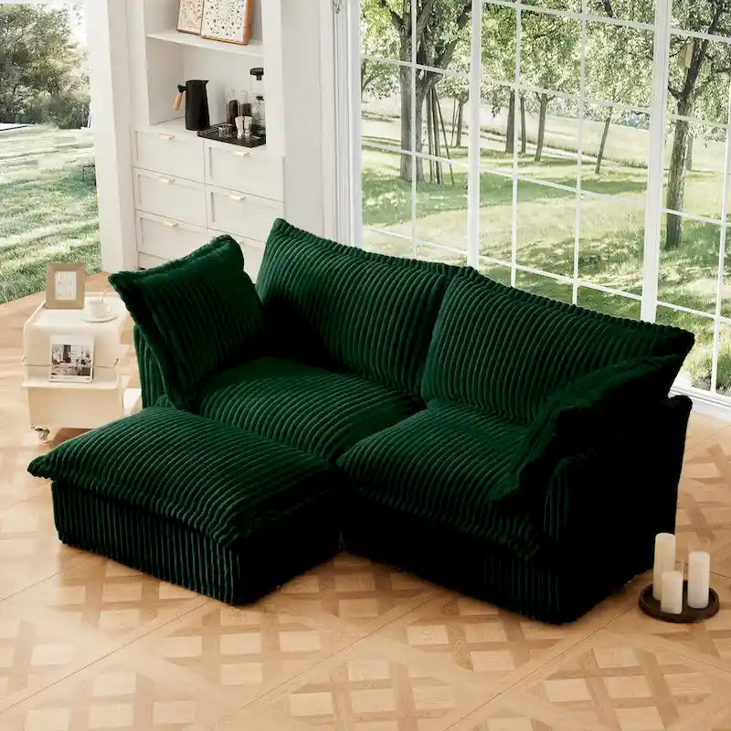 Corduroy 2-Seater Sectional Sofa with Convertible Ottoman & Pillows