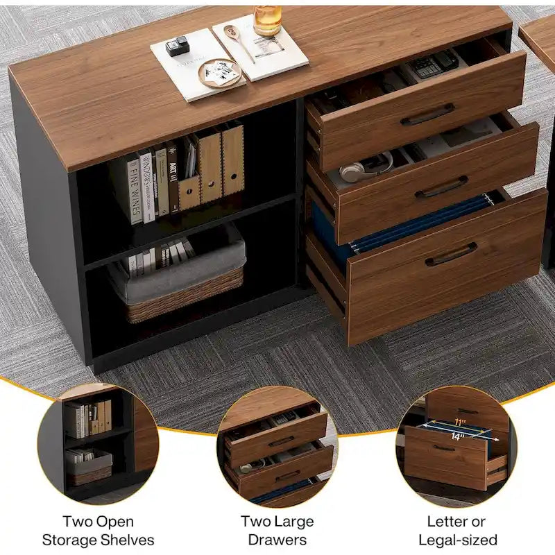 L Shaped Office Table with 47 Inch File Cabinet, Wood Business Furniture Set for Home Office