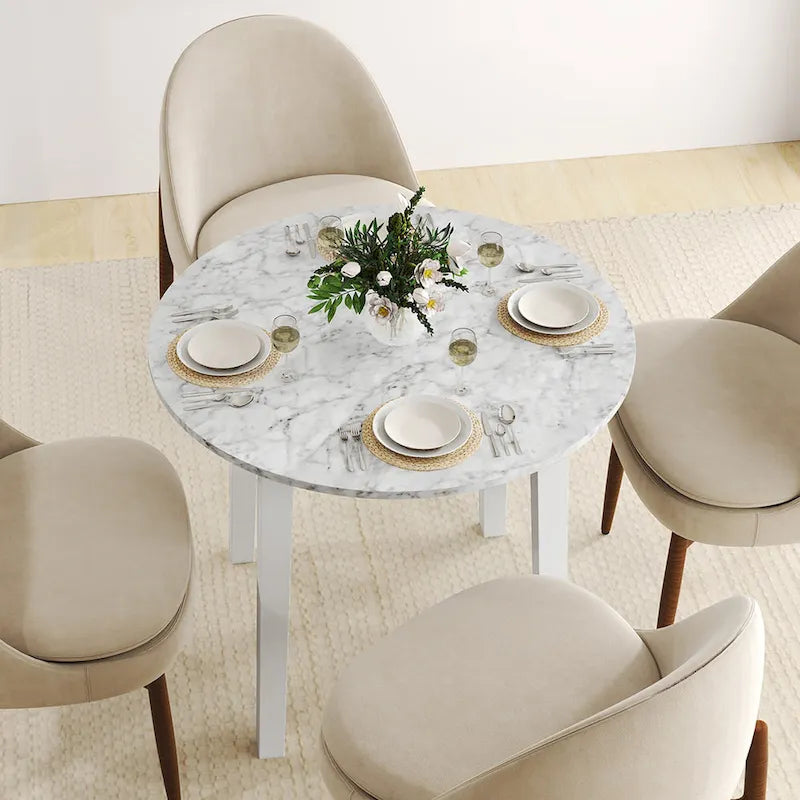 Gymax 35 Kitchen Table Round Dining Table w/ Marble-textured Veneer