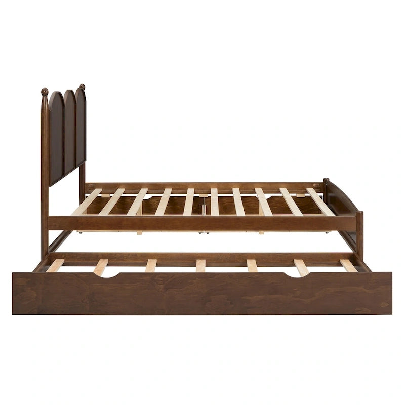 Queen Size Bed Frame with Twin XL Size Trundle and 2 Big Drawers, Wooden Platform Bed with Headboard and Slats Support