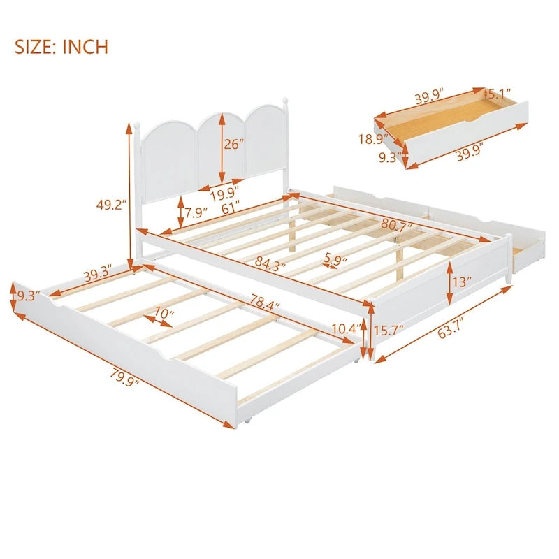 Queen Size Bed Frame with Twin XL Size Trundle and 2 Big Drawers, Wooden Platform Bed with Headboard and Slats Support