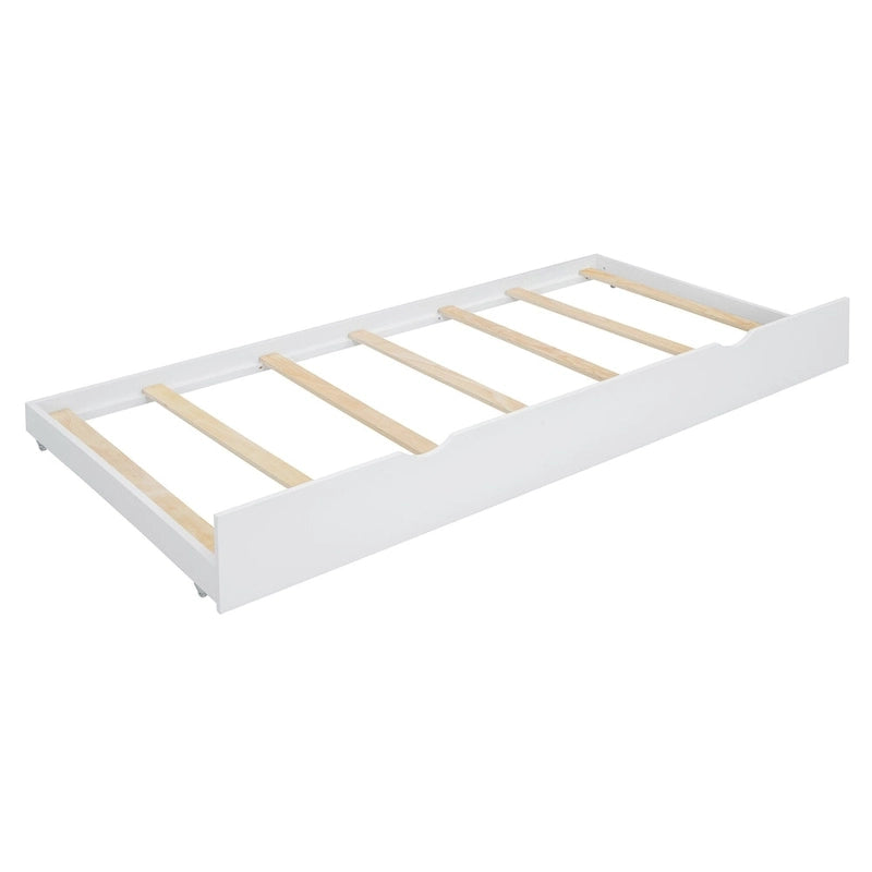 Queen Size Bed Frame with Twin XL Size Trundle and 2 Big Drawers, Wooden Platform Bed with Headboard and Slats Support