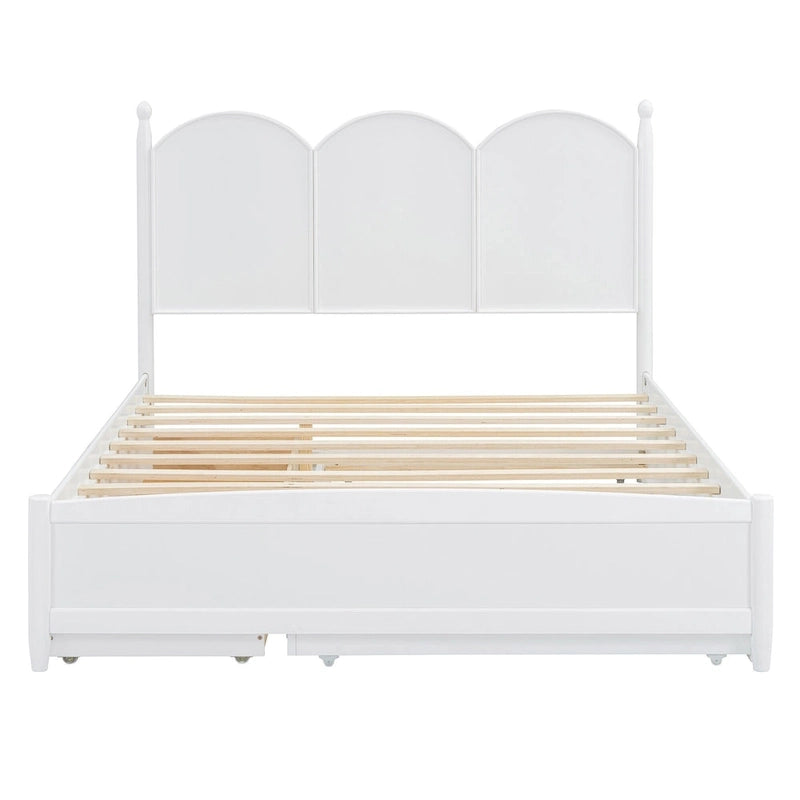 Queen Size Bed Frame with Twin XL Size Trundle and 2 Big Drawers, Wooden Platform Bed with Headboard and Slats Support