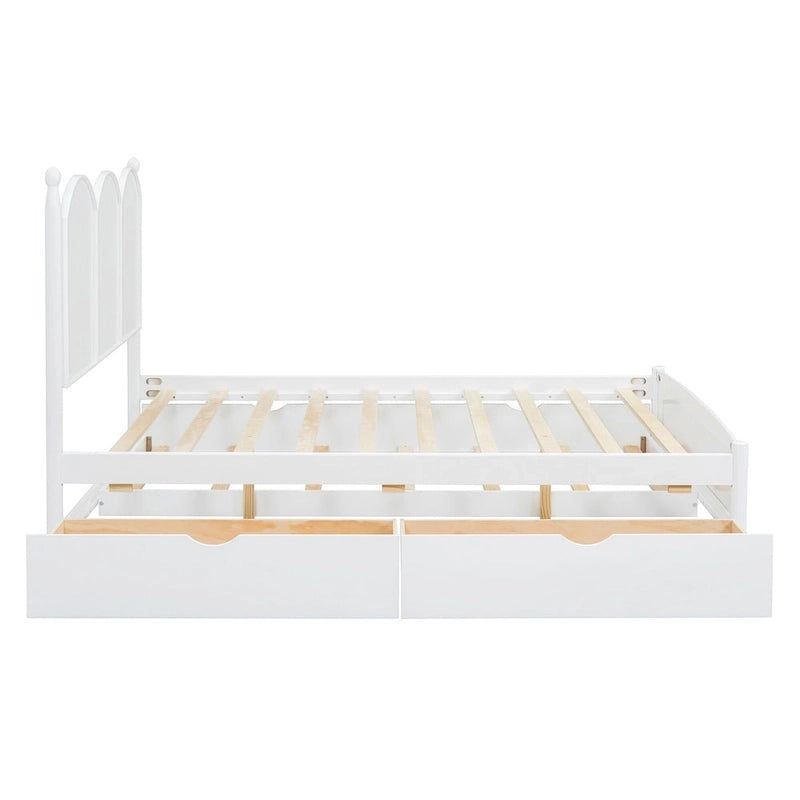 Queen Size Bed Frame with Twin XL Size Trundle and 2 Big Drawers, Wooden Platform Bed with Headboard and Slats Support