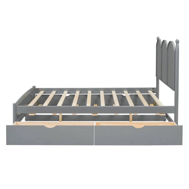Queen Size Bed Frame with Twin XL Size Trundle and 2 Big Drawers, Wooden Platform Bed with Headboard and Slats Support