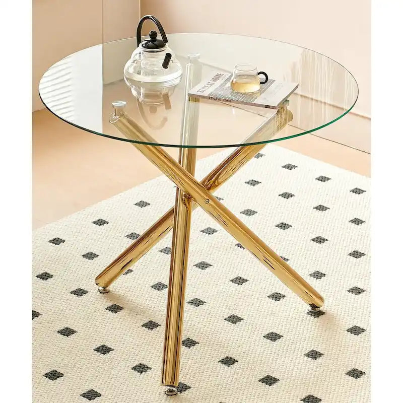 1+4, 5pieces dining set, Table metal leg Mid-century Dining Table for 4-6 people With Glass Table Top, Pedestal Dining Table