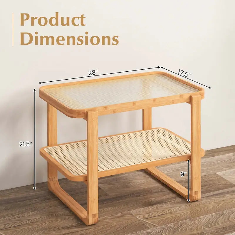 Bamboo Side Table with Rattan Shelf Glass Top Nightstand End Table