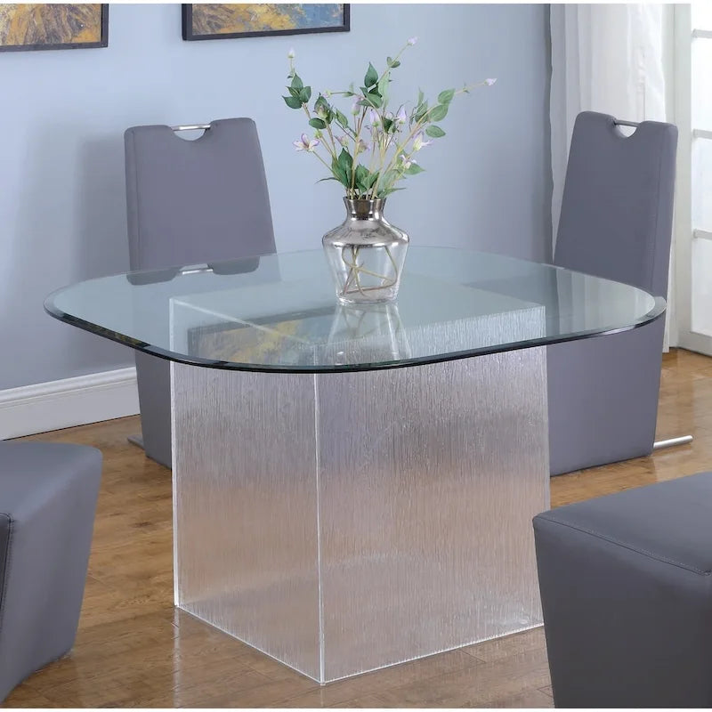 Somette Valor 5-Piece Surfboard Glass Dining Set with Grey Fully Upholstered Chairs