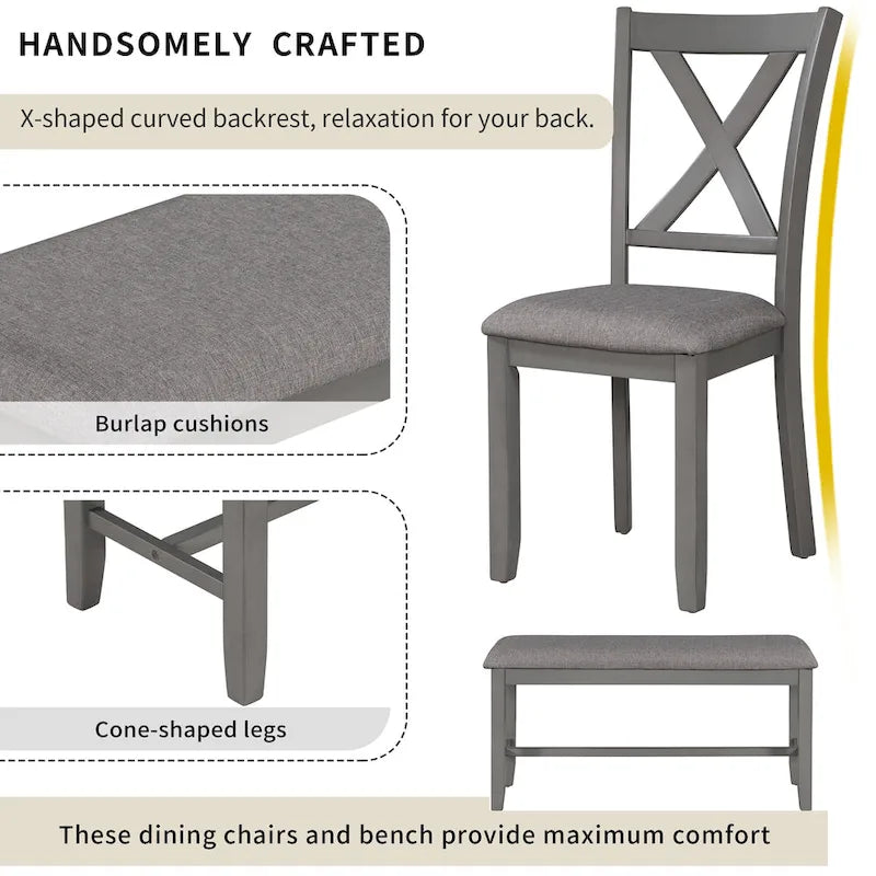 Nestfair 6-Piece Dining Table Set with 4 Fabric Chairs and Bench