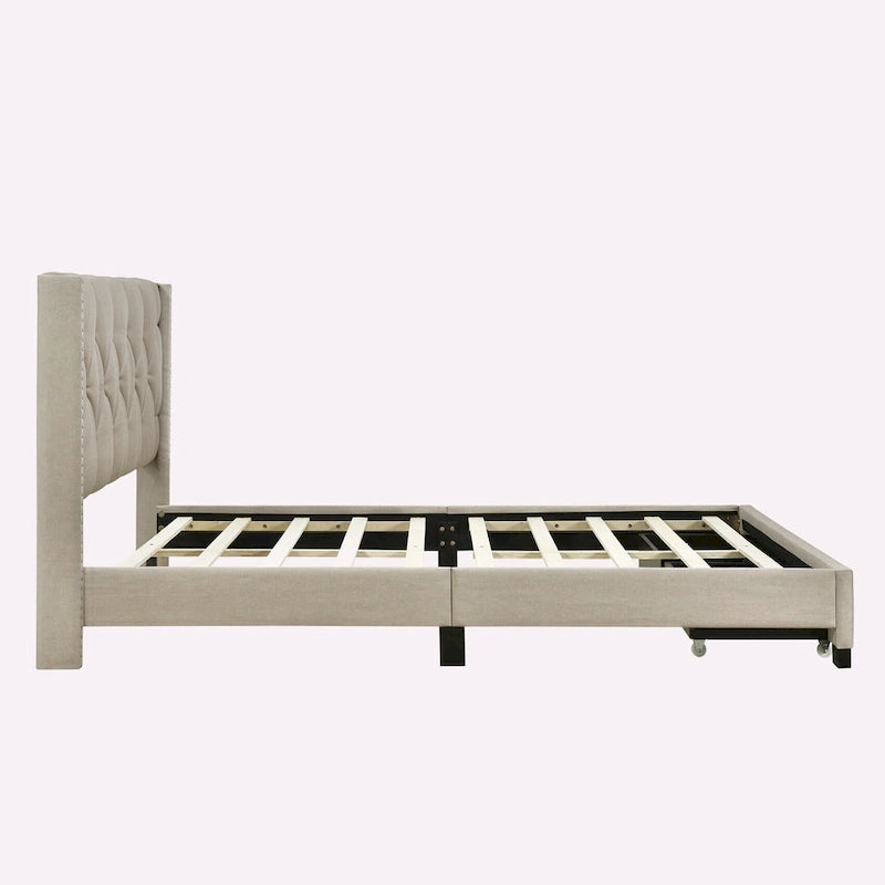 Queen Size Linen Platform Bed with 2 Drawers