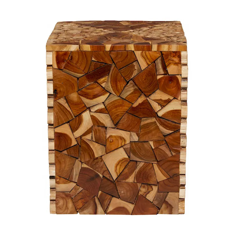 Teak Wood Handmade Square Block Accent Table with Mosaic Wood Chip Design - Brown - Roche River Decor - 14Wx14Lx18H