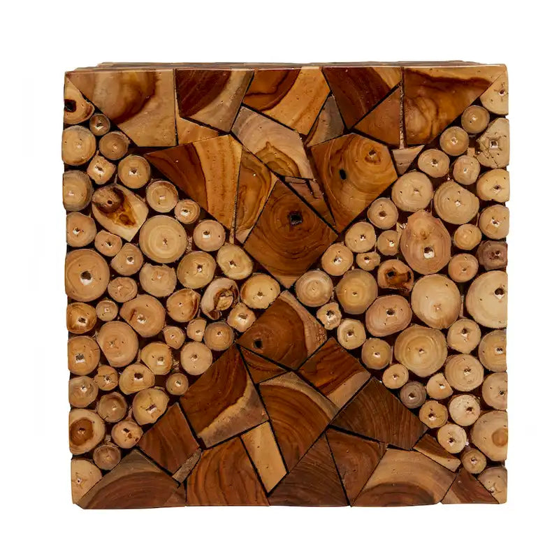 Teak Wood Handmade Square Block Accent Table with Mosaic Wood Chip Design - Brown - Roche River Decor - 14Wx14Lx18H