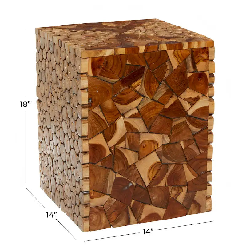 Teak Wood Handmade Square Block Accent Table with Mosaic Wood Chip Design - Brown - Roche River Decor - 14Wx14Lx18H