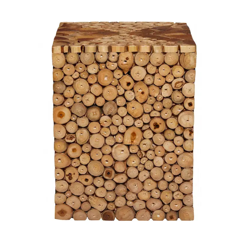 Teak Wood Handmade Square Block Accent Table with Mosaic Wood Chip Design - Brown - Roche River Decor - 14Wx14Lx18H