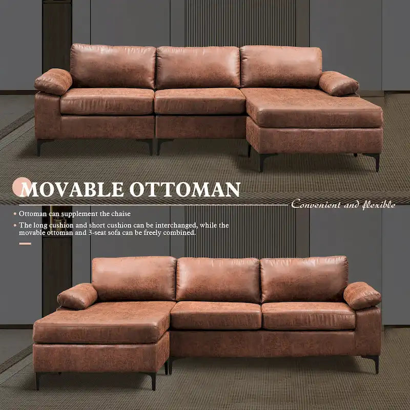 OVIOS Mid-Century Suede Reversible Chaise Sofa With Metal Legs