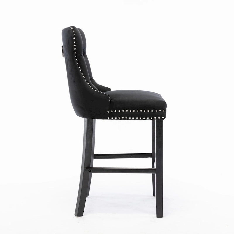 Contemporary Velvet Upholstered Barstools with Button Tufted Decoration and Wooden Legs, and Chrome Nailhead Trim, Set of 2