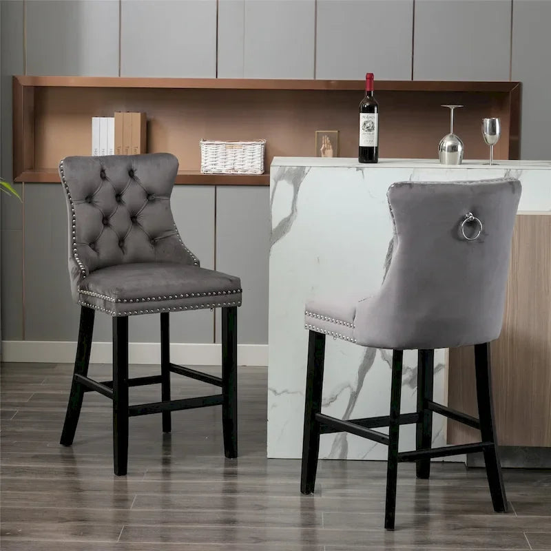 Contemporary Velvet Upholstered Barstools with Button Tufted Decoration and Wooden Legs, and Chrome Nailhead Trim, Set of 2
