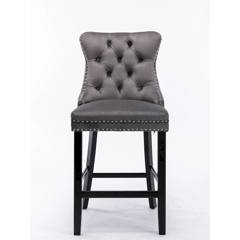 Contemporary Velvet Upholstered Barstools with Button Tufted Decoration and Wooden Legs, and Chrome Nailhead Trim, Set of 2