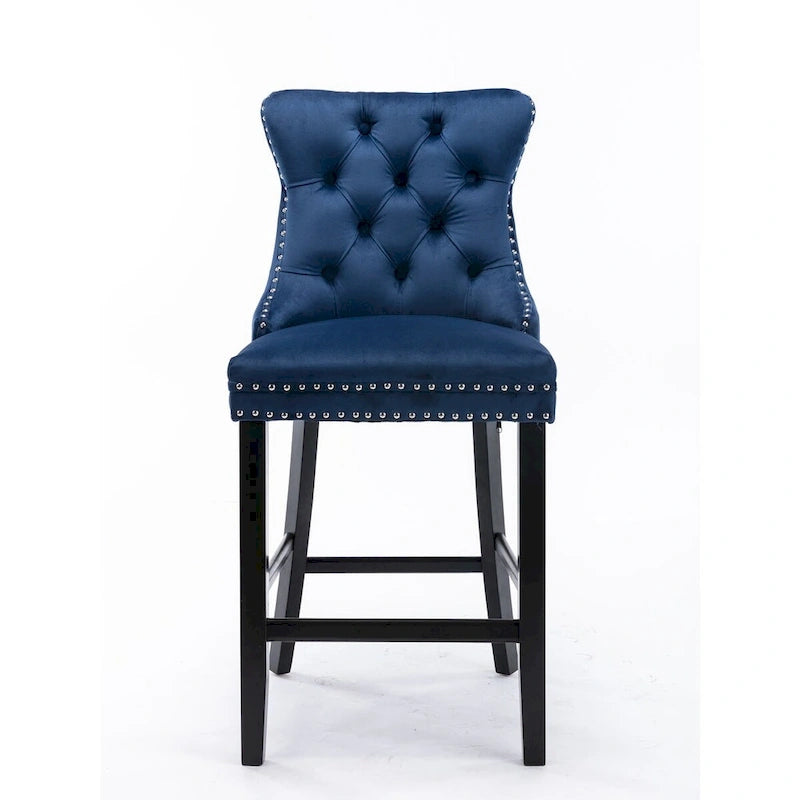 Contemporary Velvet Upholstered Barstools with Button Tufted Decoration and Wooden Legs, and Chrome Nailhead Trim, Set of 2