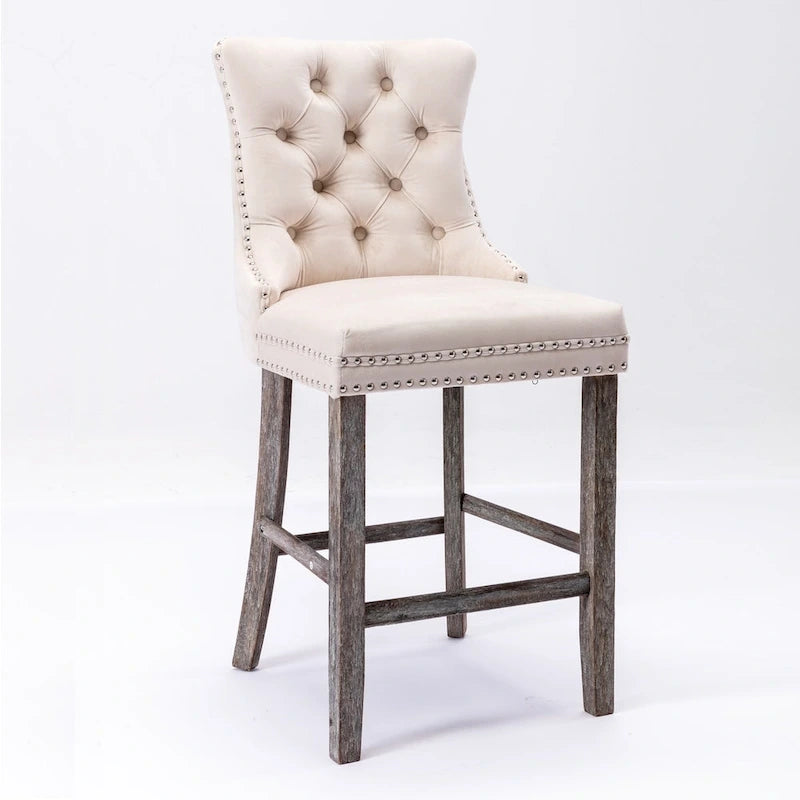 Contemporary Velvet Upholstered Barstools with Button Tufted Decoration and Wooden Legs, and Chrome Nailhead Trim, Set of 2