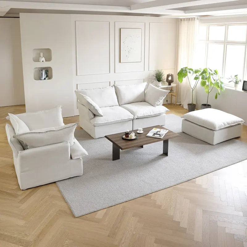 Modern Linen Upholstered Ottoman