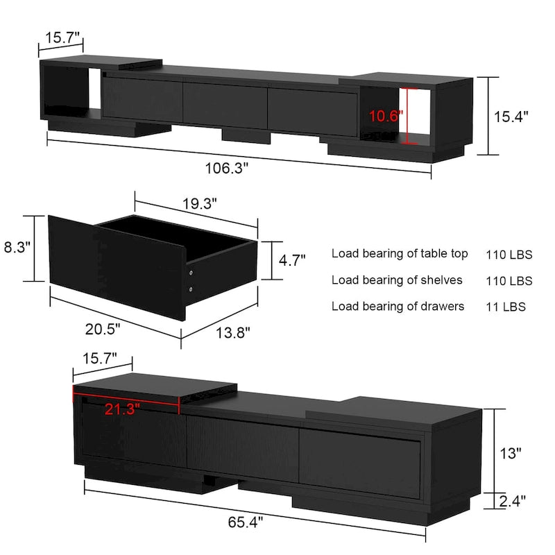 Modern Style Extendable TV Stand with 3Drawer White/Black 65.4-106.3