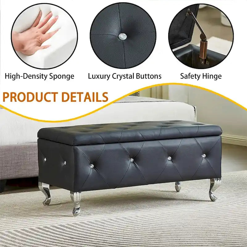 Luxury Storage Ottoman Bench, PU Upholstered Flip Top Ottoman