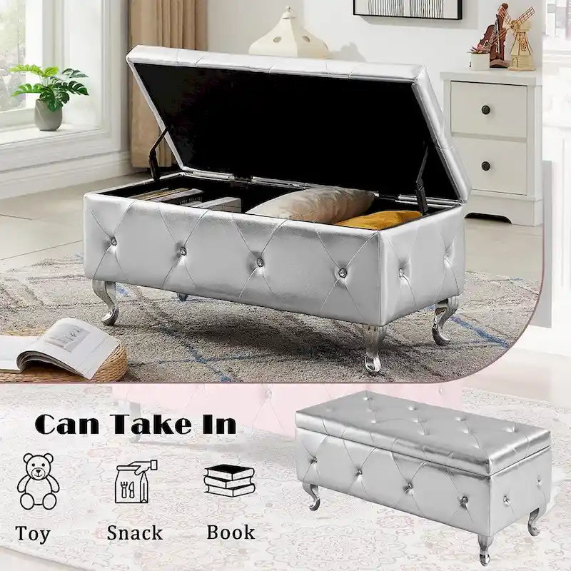 Luxury Storage Ottoman Bench, PU Upholstered Flip Top Ottoman