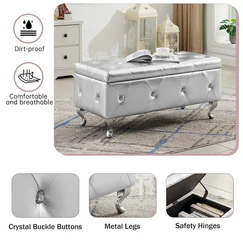 Luxury Storage Ottoman Bench, PU Upholstered Flip Top Ottoman