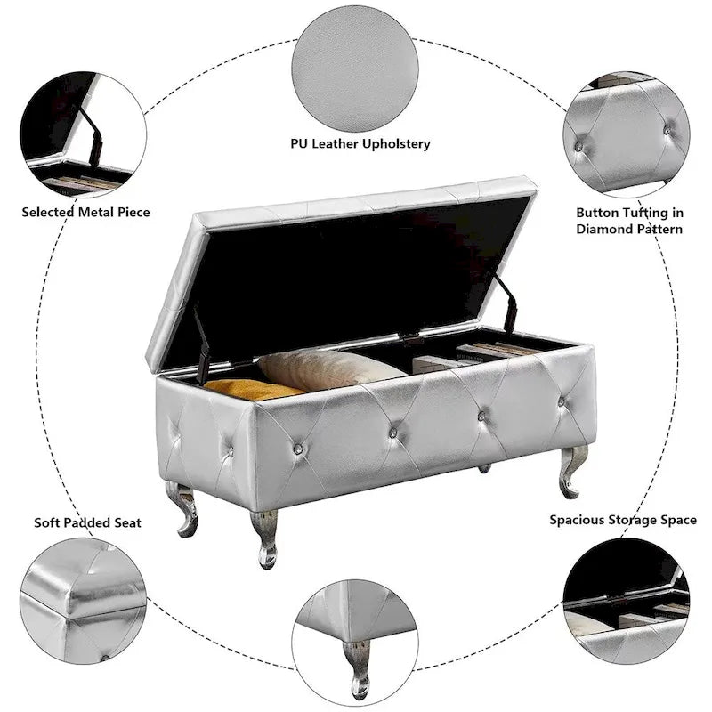 Luxury Storage Ottoman Bench, PU Upholstered Flip Top Ottoman