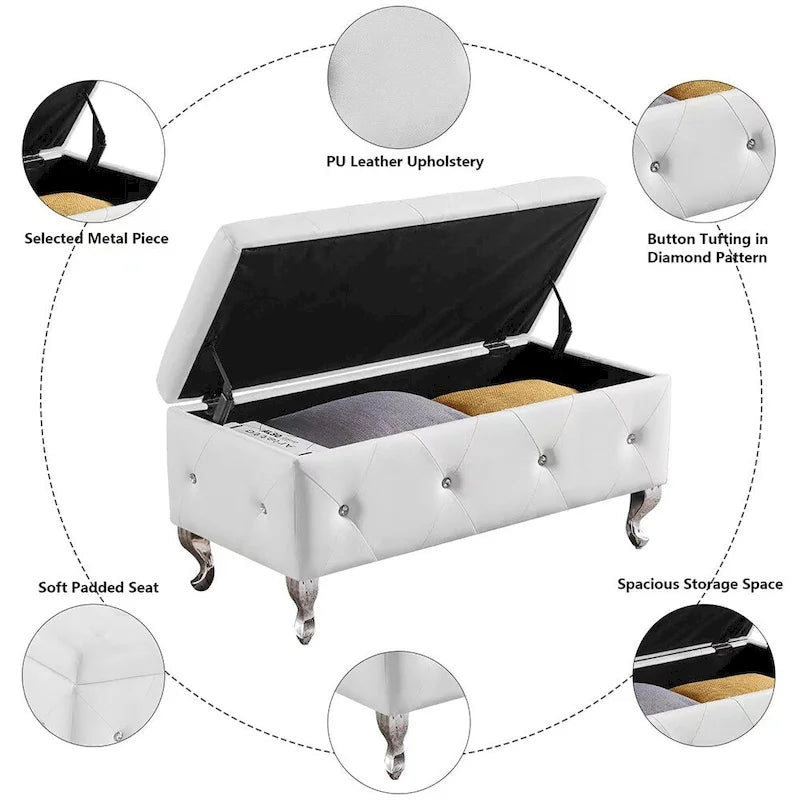 Luxury Storage Ottoman Bench, PU Upholstered Flip Top Ottoman