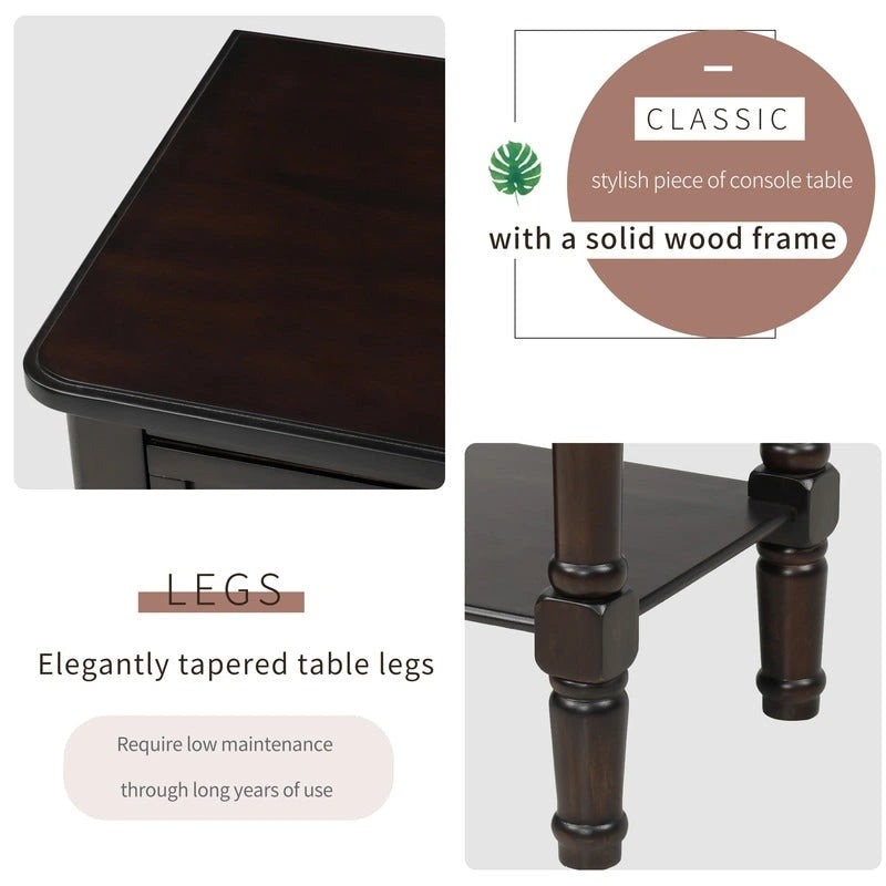 Narrow table, rustic entrance table, slim sofa table, three storage drawers and bottom shelf