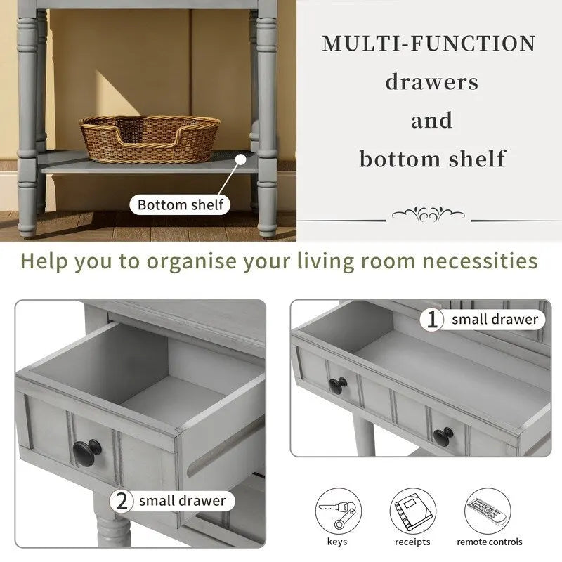 Narrow table, rustic entrance table, slim sofa table, three storage drawers and bottom shelf