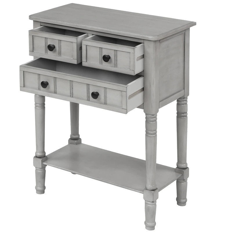 Narrow table, rustic entrance table, slim sofa table, three storage drawers and bottom shelf