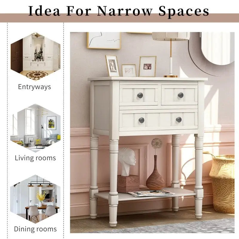 Narrow table, rustic entrance table, slim sofa table, three storage drawers and bottom shelf
