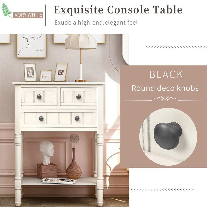 Narrow table, rustic entrance table, slim sofa table, three storage drawers and bottom shelf