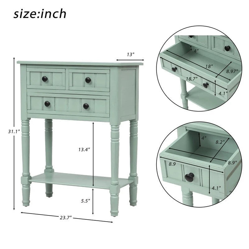 Narrow table, rustic entrance table, slim sofa table, three storage drawers and bottom shelf