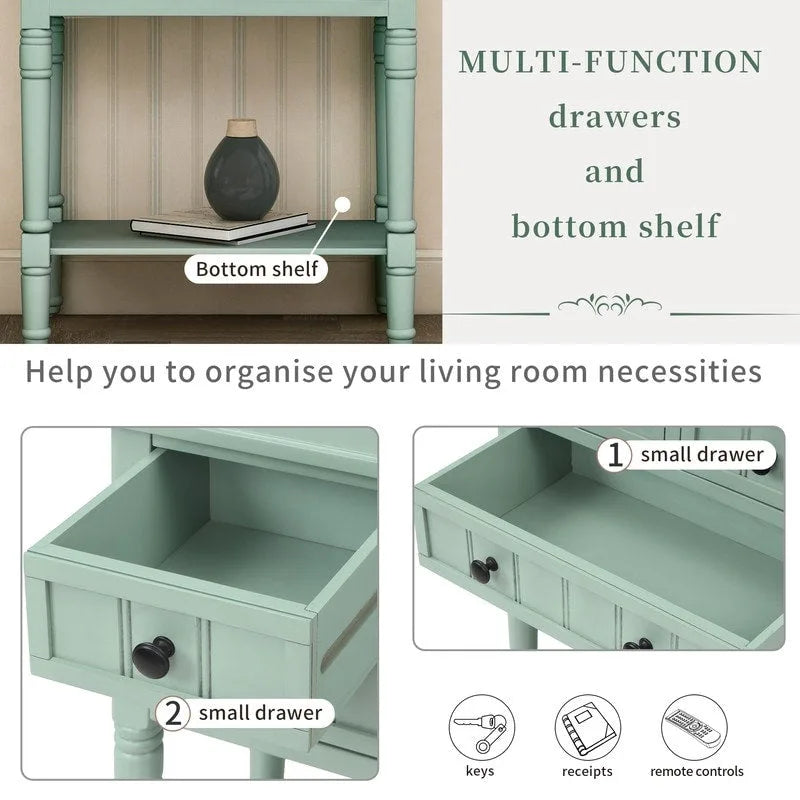 Narrow table, rustic entrance table, slim sofa table, three storage drawers and bottom shelf