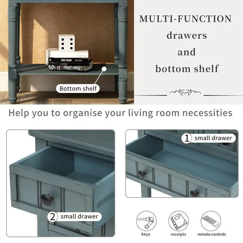 Narrow table, rustic entrance table, slim sofa table, three storage drawers and bottom shelf
