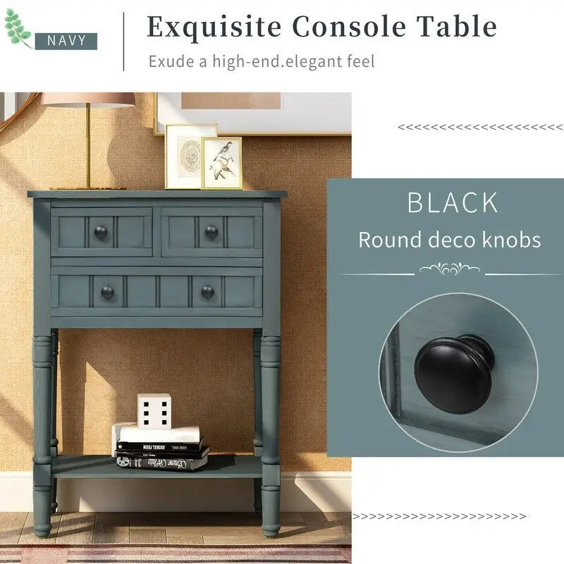 Narrow table, rustic entrance table, slim sofa table, three storage drawers and bottom shelf