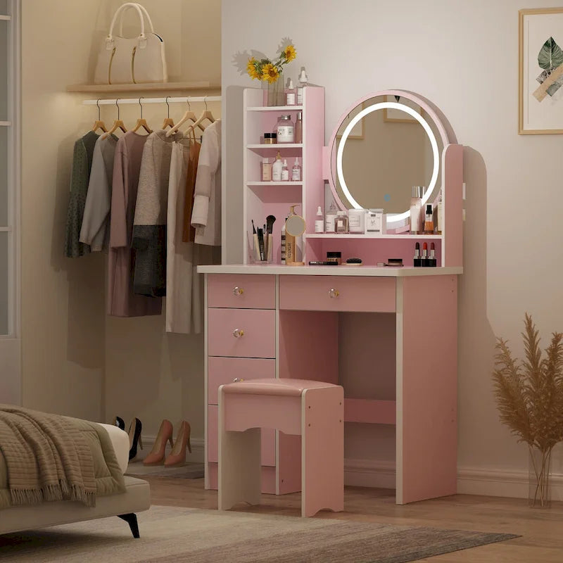 Timechee 31.5 Wide Makeup Vanity Set with Stool, Mirror,3 Color Light - 31.5W