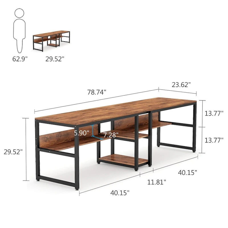 78.7 Two Person Desk, Double Desk with Bookshelf