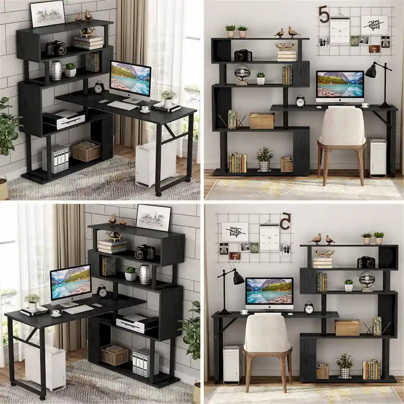 L-Shaped Rotating Computer Desk with Bookshelf