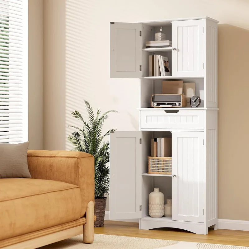 66.5Tall Freestanding White Kitchen Food Storage Cabinet with Metal Slide Drawers with Flip-Flops
